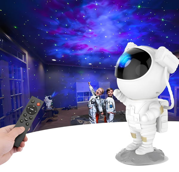 "Close-up of the Astronaut Galaxy Projector with rotating helmet for 360° projection."