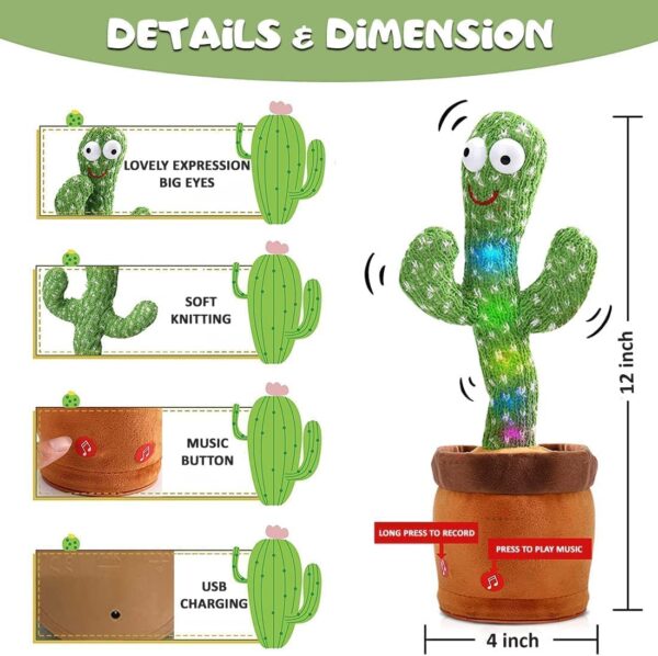 "Soft plush dancing cactus with voice mimic feature."