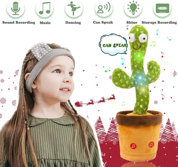 "Dancing cactus toy with LED lights and music in action."