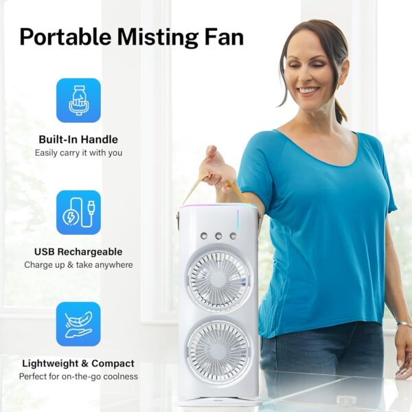 Double Head Mist Cooling Fan | Remote Control Mini Air Cooler | LED Light Spray Fan