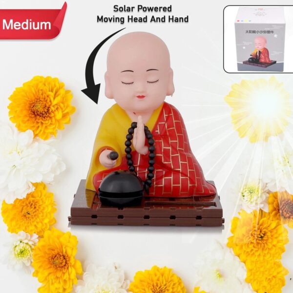 Solar-powered sitting Buddha statue with moving hands and head for dashboard or home decor