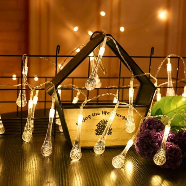 Crystal water drop shaped LED string lights, 3 meters, perfect for home and festive decor