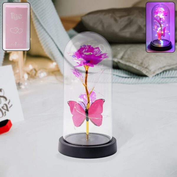 "LED decorative rose light with butterfly inside transparent dome"