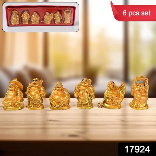 Golden Laughing Buddha Set of 6 Statues for Wealth and Happiness Decor