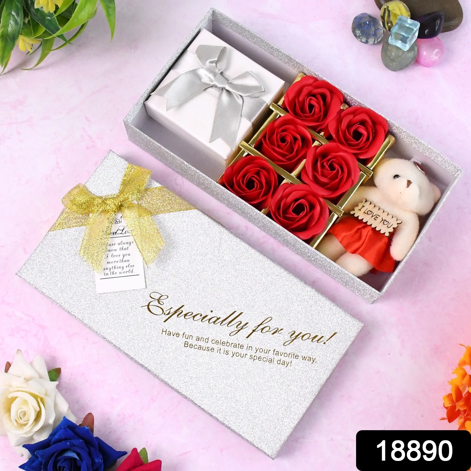 Valentine Gift Set with Scented Roses and Teddy Bear – Romantic Gift for Her