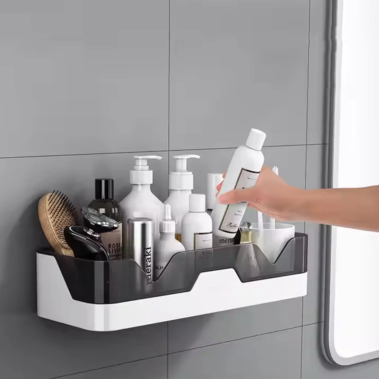 Plastic adhesive wall mounted bathroom shower caddy shelf – no drilling, waterproof organizer