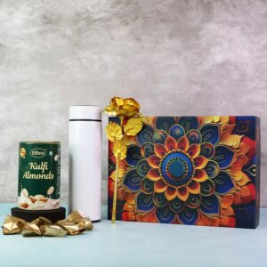 Effete Kulfi Almonds Gift Hamper with Golden Rose & Decorative Bottle – 3 Pc Luxury Gift Set
