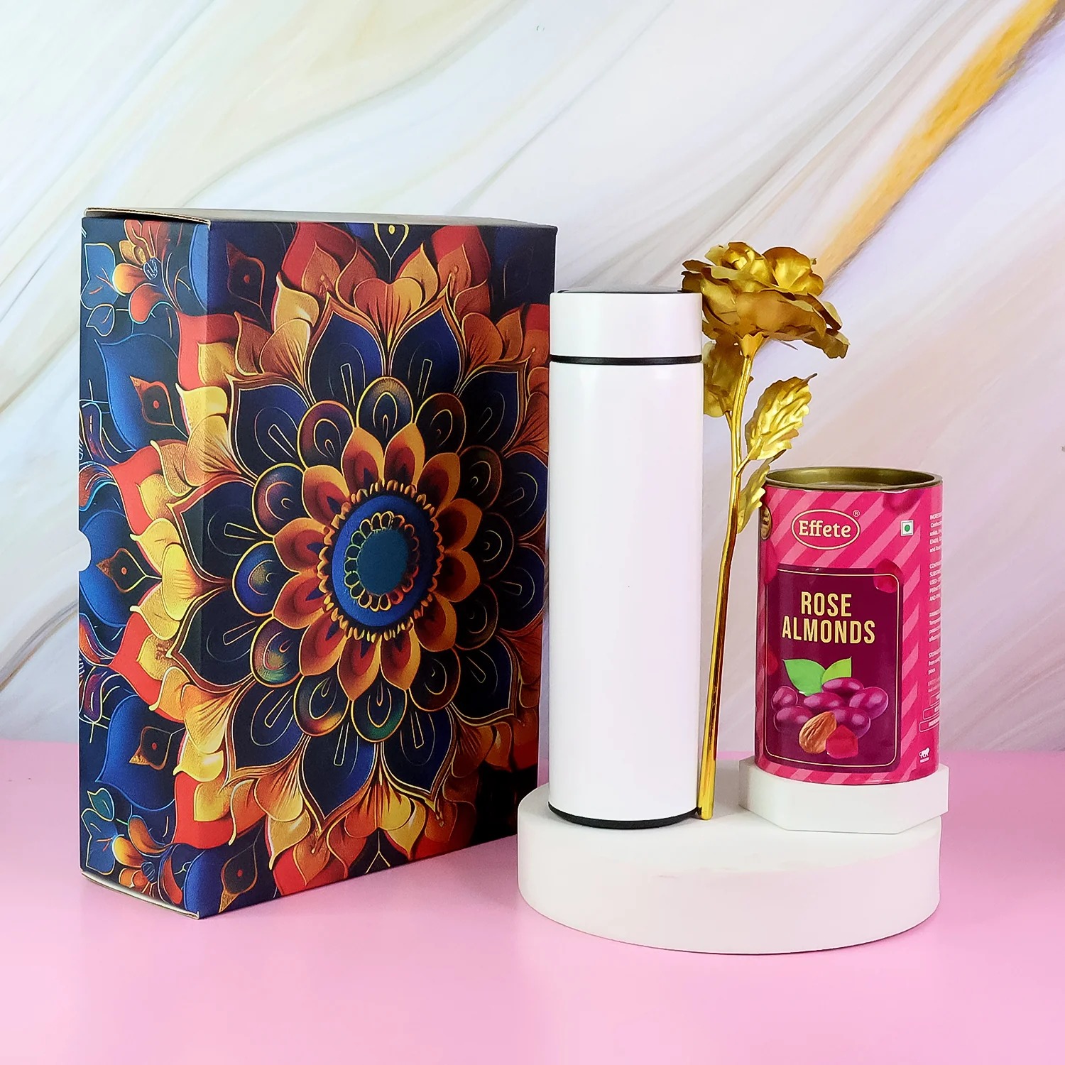 Effete Rose Almonds Gift Hamper with Golden Rose & Decorative Bottle – Luxury Festival Hamper
