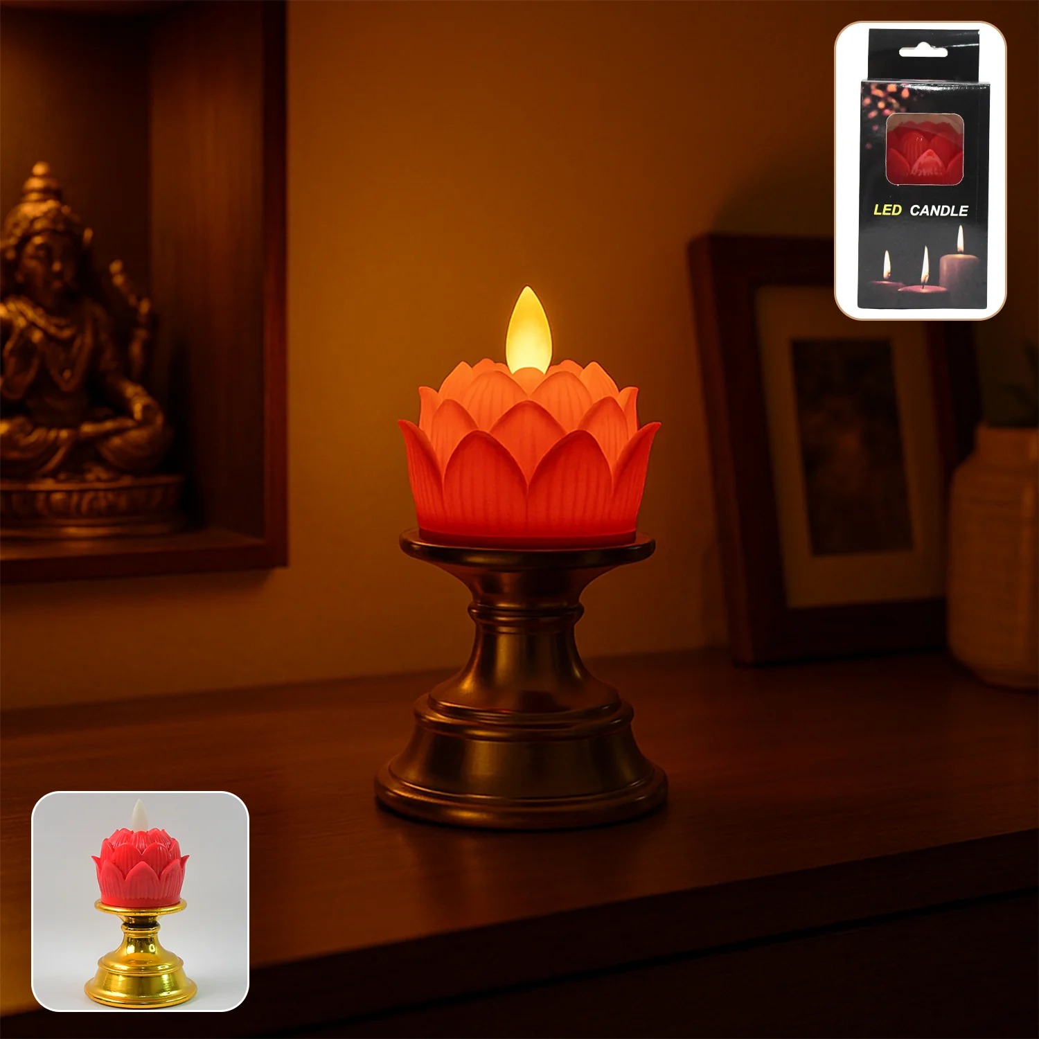 Premium Lotus Shaped LED Flameless Candle with Decorative Holder
